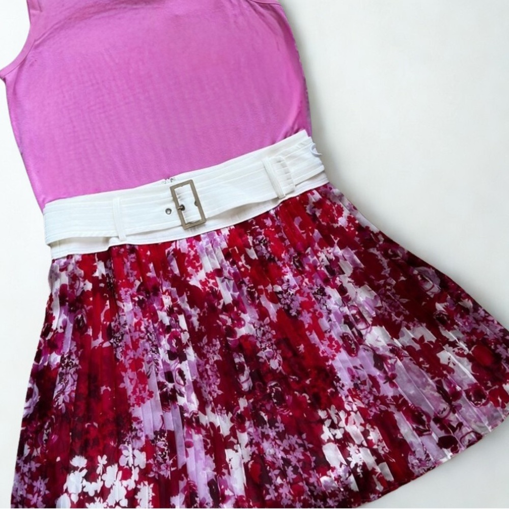 Etcetera Floral Pleated Chiffon Skirt Belted Waist Pink Red Size 10 NWOT